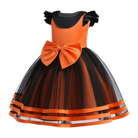 

TIREOW Classic Dresses for Girls Kids Girl Halloween Outfit Short Sleeve Tulle Halloween Dress Holiday Clothes Beautiful Evening Dress(7-8 Years Orange)