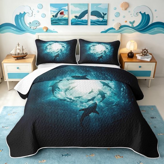 Manfei Underwater Shark Twin Quilt Set, Deep Ocean Animal Twin Coverlet Set, Teal Blue, 2-Piece, 1 Bedspread and 1 Pillowcase