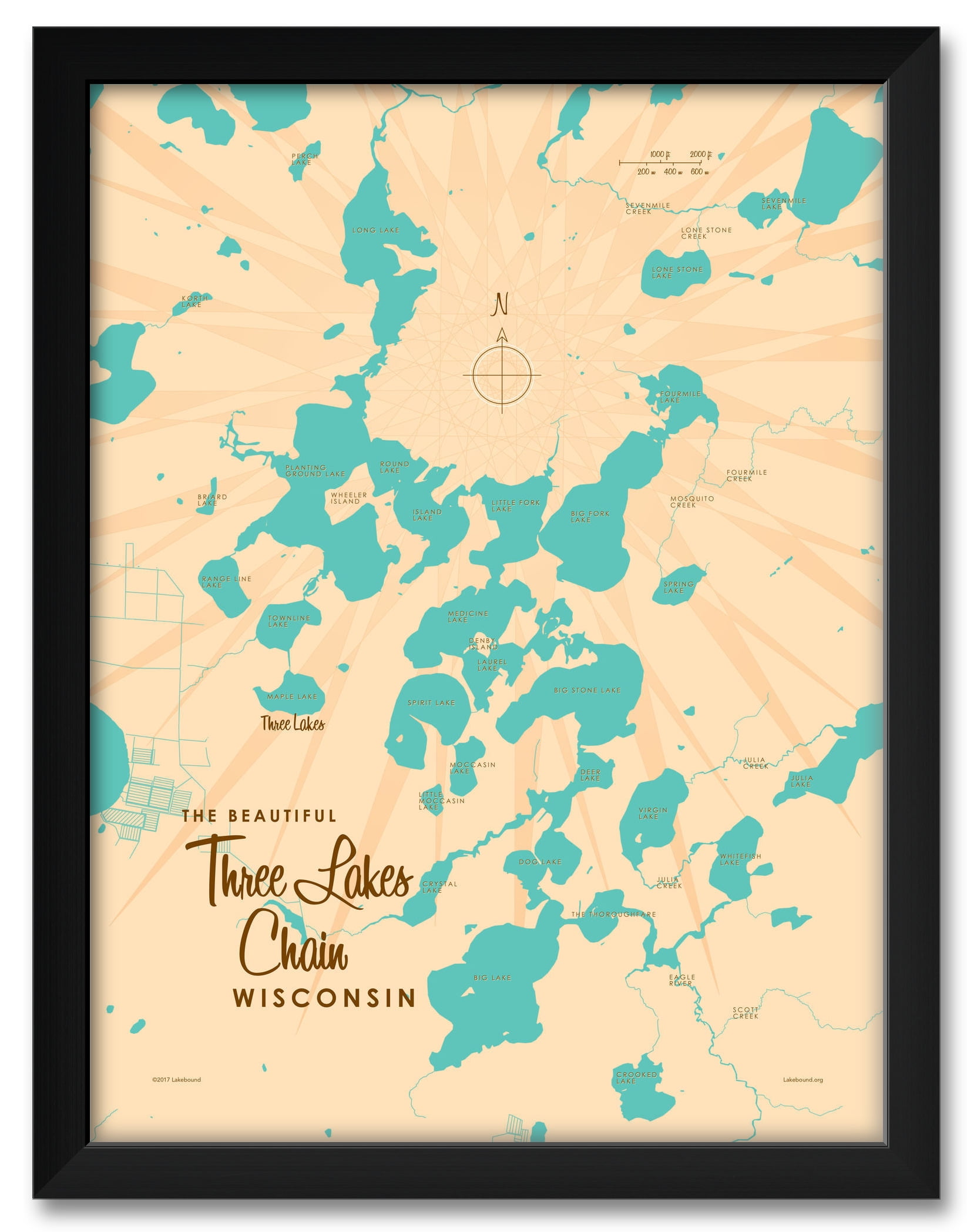 Three Lakes Chain Wisconsin Map Framed Art Print by Lakebound . Print