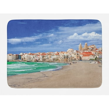 Sicily Bath Mat, Dreamy Photo of Beach at Cefalu Italy Sea Sky and Buildings in Vibrant Colors, Plush Bathroom Decor Mat with Non Slip Backing, 29.5" X 17.5", Multicolor, by Ambesonne