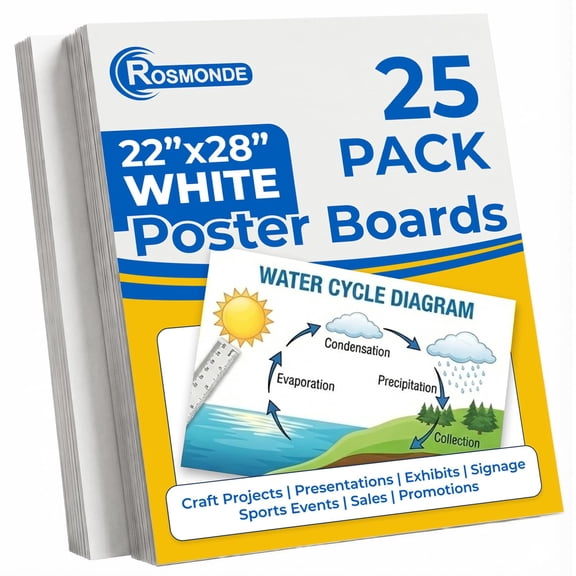 Rosmonde Poster Boards 25 Pack, 22 x 28 in, White, Extra Thick, Blank Display Boards for Presentations, Vision Boards, Signs, Crafts & DIY Projects, Bulk Poster Boards for All Uses