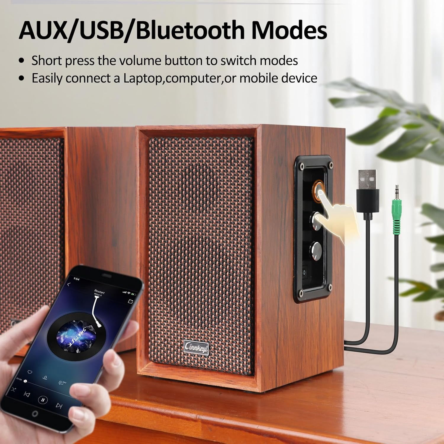 【2026 Upgraded】 Passive Bookshelf Speakers – 40W Hi-Fi with Powerful Bass, Bluetooth/USB/RCA/AUX Inputs – 2.0 Wooden PC/TV Speakers for Laptop, Turntable