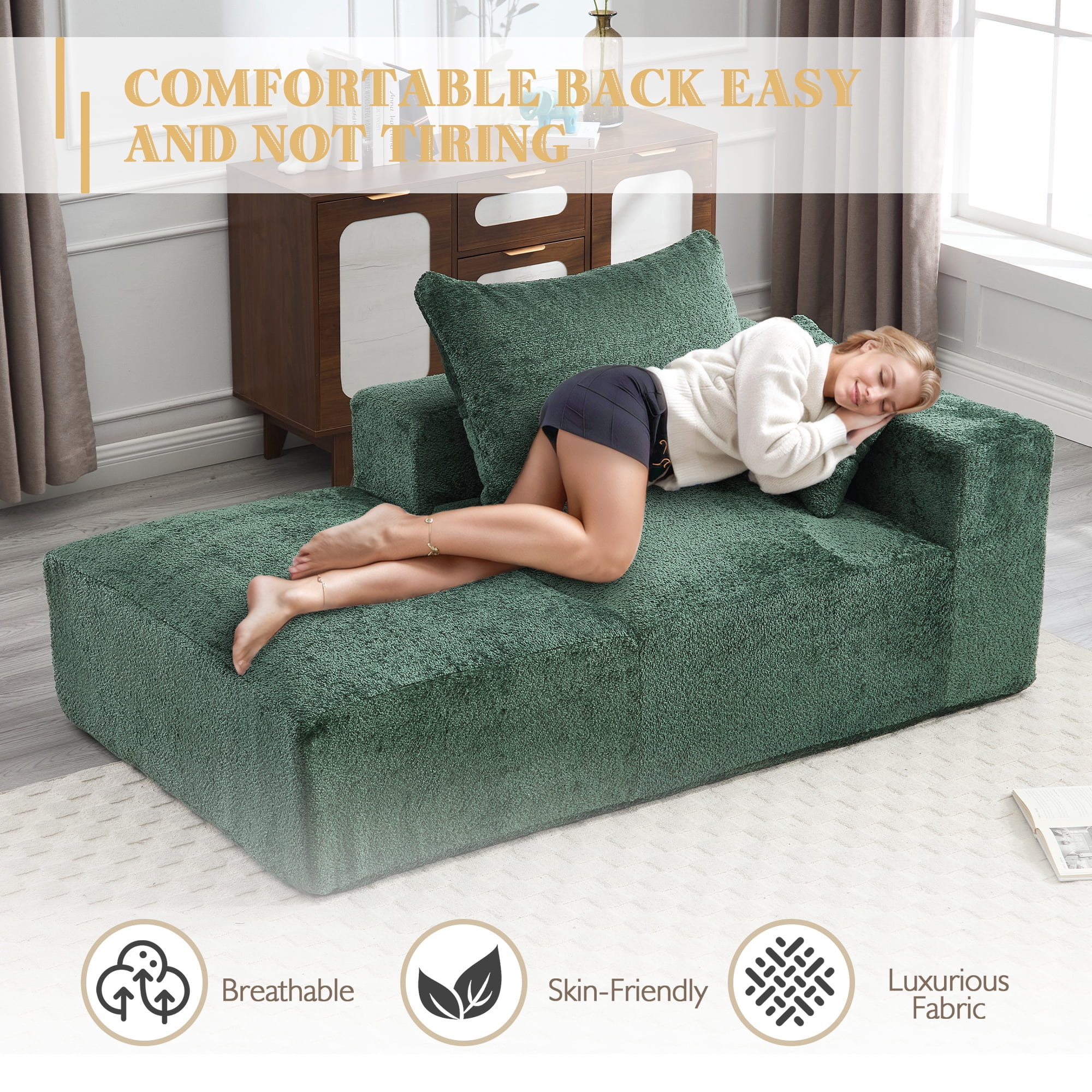 MOONMISS Boucle Upholstered Free Combination of Flexible 2-Seater Lazy Leisure Sofa with 2 Pillows-Emerald