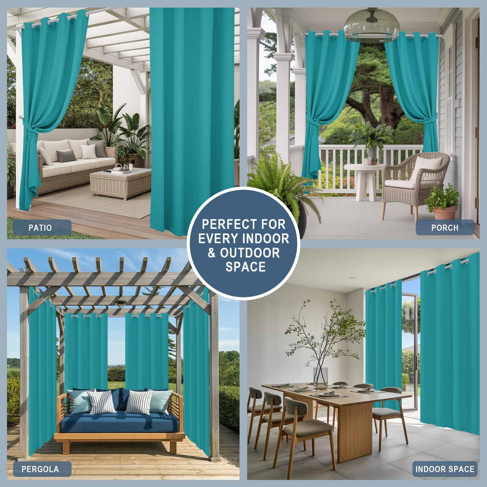 Teal Outdoor Curtains for Patio, Solid Color Waterproof Outside Curtains Privacy Blackout Curtain for Porch Pergola Cabana, 2 Panel 54W x 108L Inch
