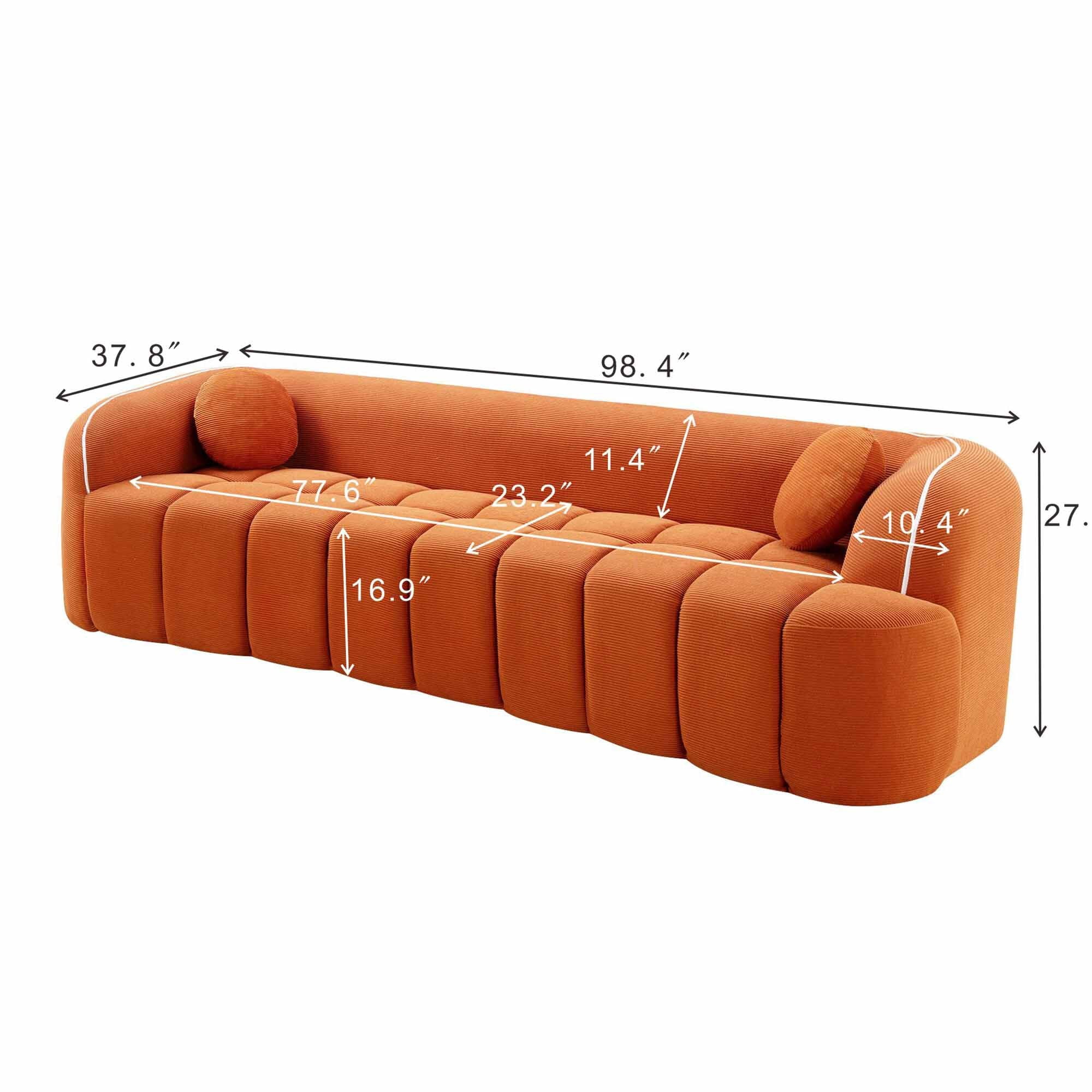 Lunale 98" Curved Bonelessd Sofa, 3-Seater Cloud Couch, No Assembly Required, Modern Corduroy Bubble Sofa for Living Room, Orange