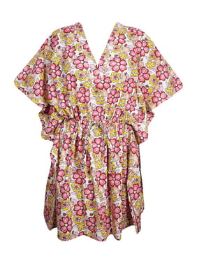 Mogul Women Floral Tunic Dress Cotton Kimono Sleeves V-Neck Comfy Loose Kaftan Beach Cover Up Short Caftan Dresses One Size