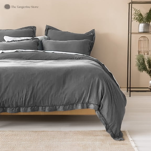 The Tangerine Store 4-Piece Pure Linen Sheet Set 90x102 inches - Queen Size, Light Grey Embroidered Edge - Pre-Washed Fabric