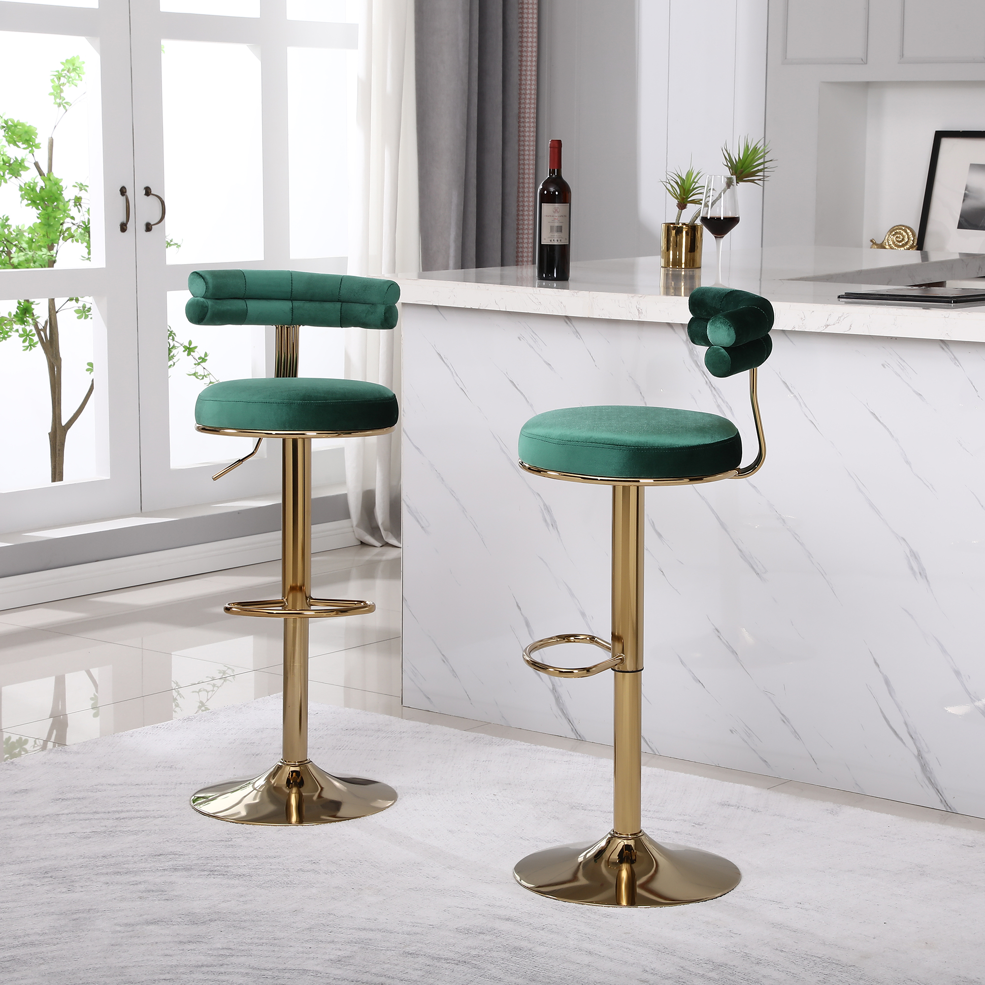 Kadyn Adjustable Swivel Bar Stools Chair with Back and Footrest, Set of 2, Green