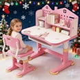 thumbnail image 2 of YNCE Kids Desk and Chair Set, Height Adjustable Kids Desk with Cartoon Pattern, Widened Desktop, Book Stand and Storage Drawer for Boys & Girls 3+, 2 of 7