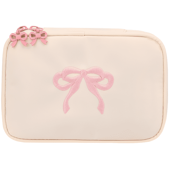 Creamy White Travel Makeup Bag with Pink Bow, 7.3 x 2.8 x 4.9 in Waterproof Cosmetics Pouch, Embroidered Bow Cute Makeup Organizer, Portable Polyester Makeup Travel Case