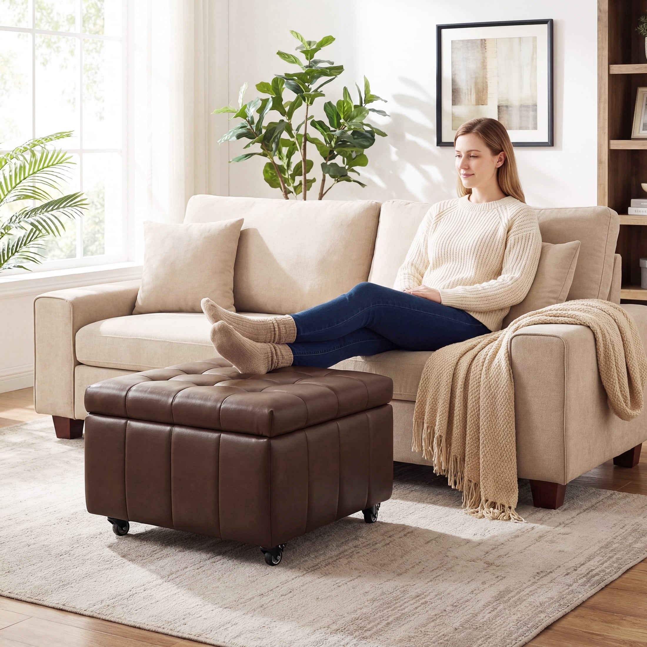 Poshby Square Faux Leather Storage Ottoman, Coffee Table Footrest Stool with Pulley Legs for Living Room or Bedroom, Dark Brown