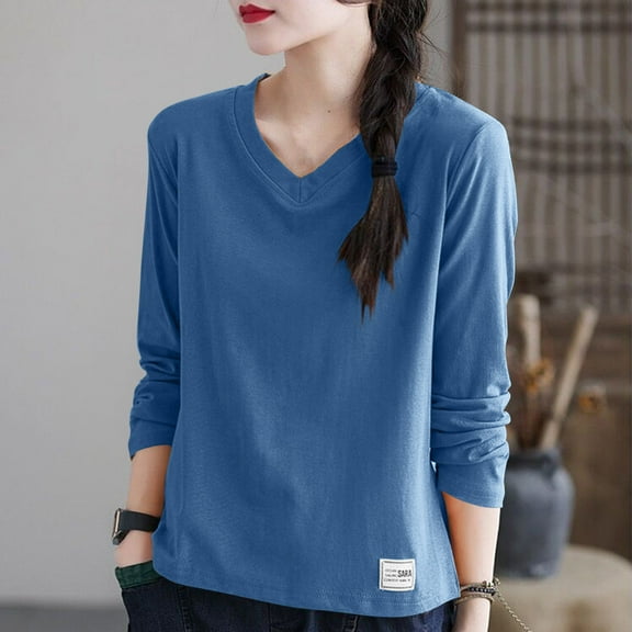 Plus Size Long Sleeve Tops for Women, Women's V-neck T-shirt Women's Long Sleeved Loose Spring And Summer Casual Base Shirt Plus Size Long Sleeved V-neck Top/shirt(Blue,XXXXL)