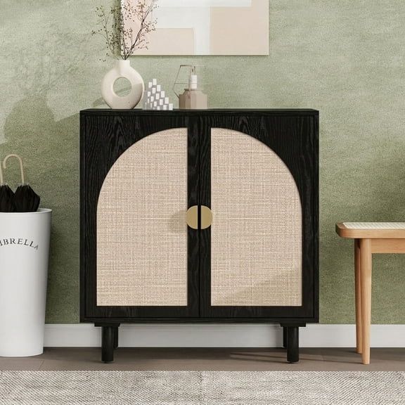LFGUIZO 29.7" Black Sideboard with 2 Doors and 1 Adjustable Shelf, Modern Rattan Accent Storage Cabinet for Dining Room