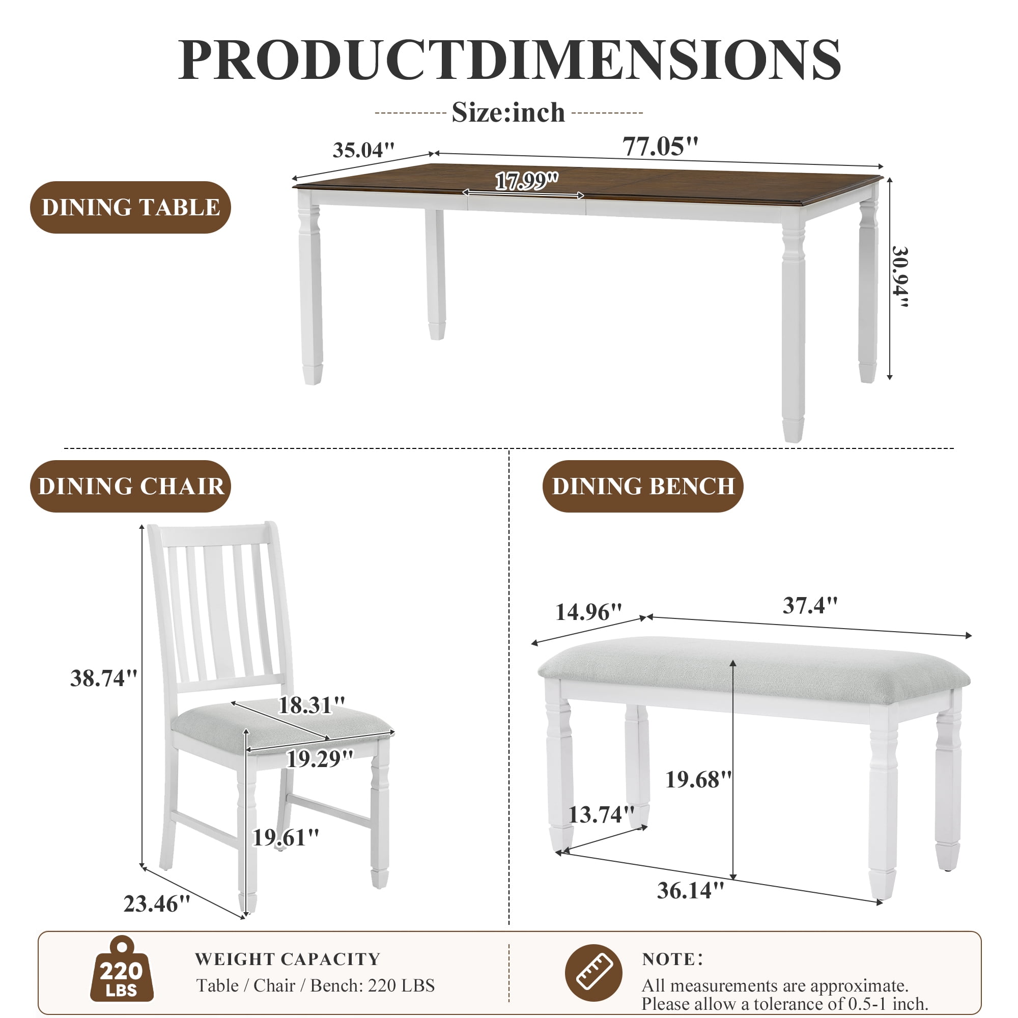 6-Piece Dining Table Set for 4, 77" Extendable Dining Table with 4 Upholstered Chairs and 1 Bench