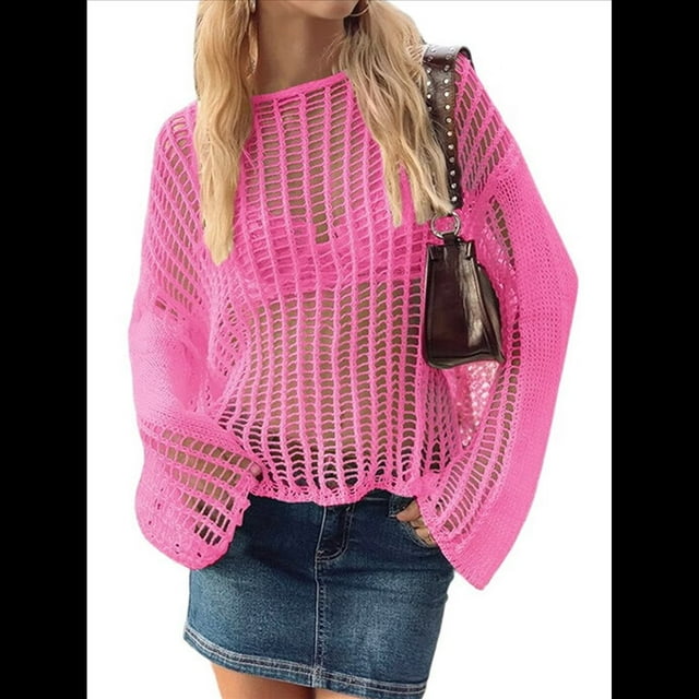 Pañuelos de Crochet para Mujer, Pareos de Baño Calados, Trajes de Verano Tejidos Rosa Roja L