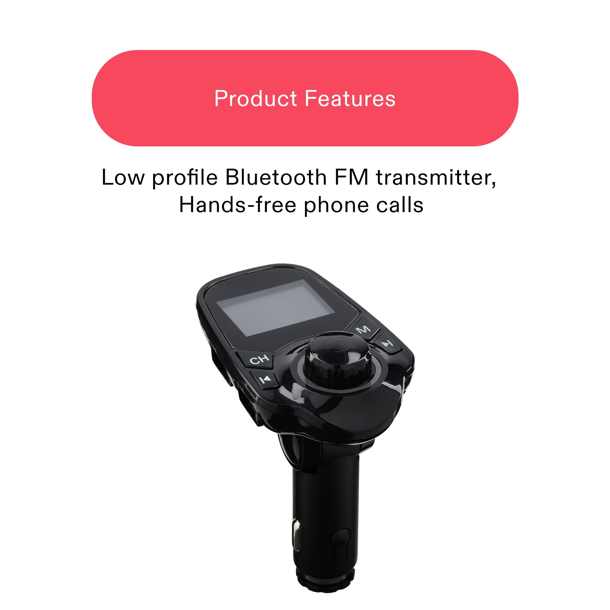 Onn Low Profile Bluetooth FM Transmitter, Hands-free Calls, Compatible with Smartphones, 8x5x10CM,66g