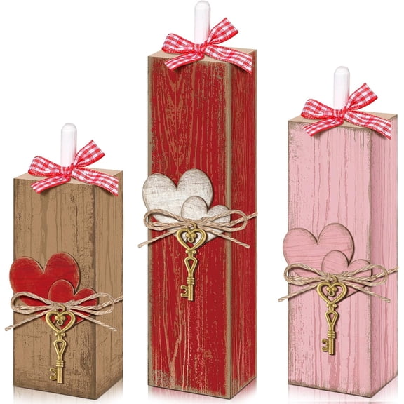 Amyhill 3 Pcs Valentine's Day Decoration Valentine Table Block Sign Rustic Valentines Tiered Tray Decor 4/5/6 Inch Farmhouse Wooden Centerpiece Decor for Table Wedding Anniversary