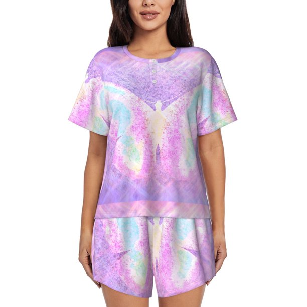 Fotbe Purple Sparkling Butterfly Conjunto de Pijama Estampado para Mujer, 2 Piezas, Ropa de Dormir con Camiseta de Manga Corta y Shorts Suaves-Medium