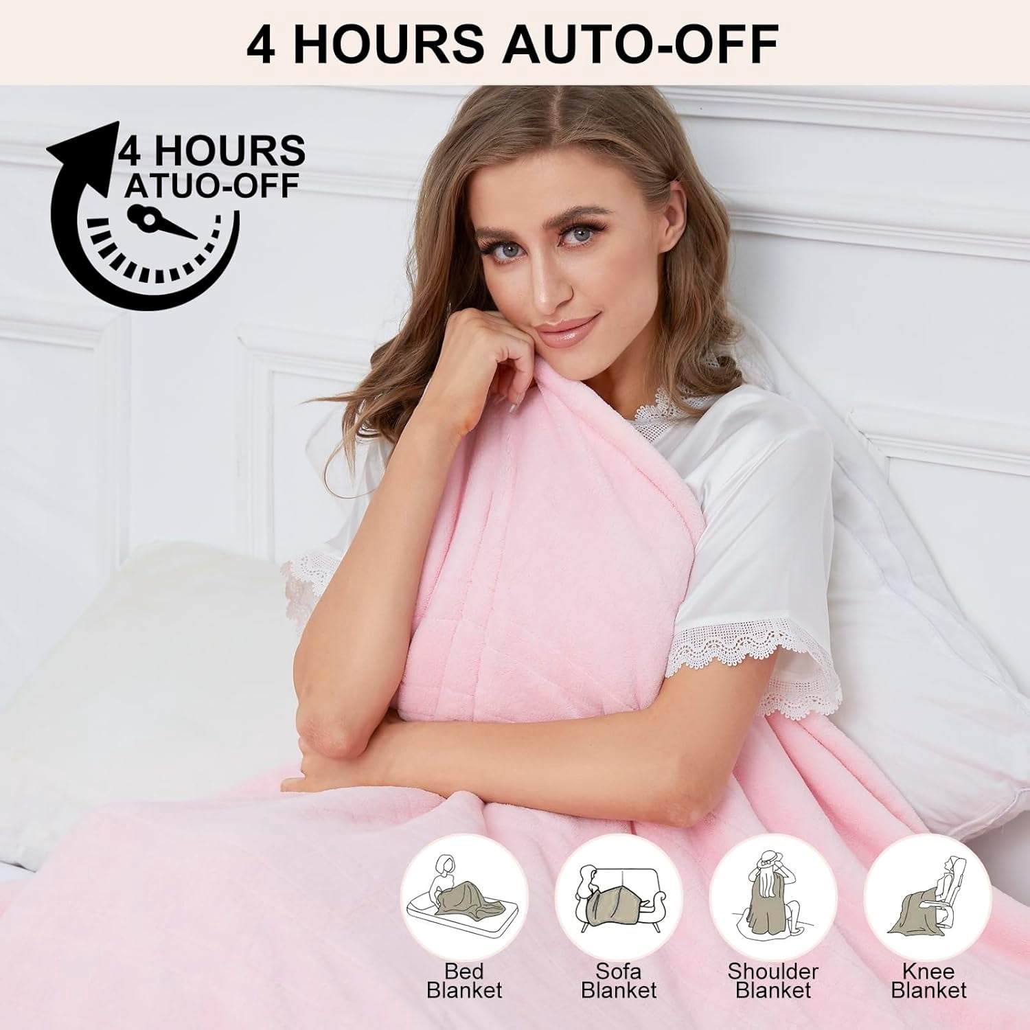 Electric Heated Throw Blanket 50"x60" Pink Machine Washable 6 Heat Settings 4 Hours Auto Off Overheat Protection for Home Office Use