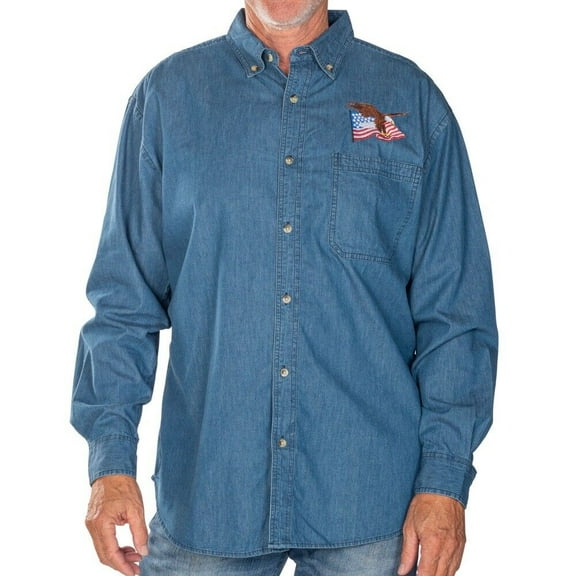 Men's Denim Button Down Pocket Shirt with American Flag and Eagle Embroidery USA