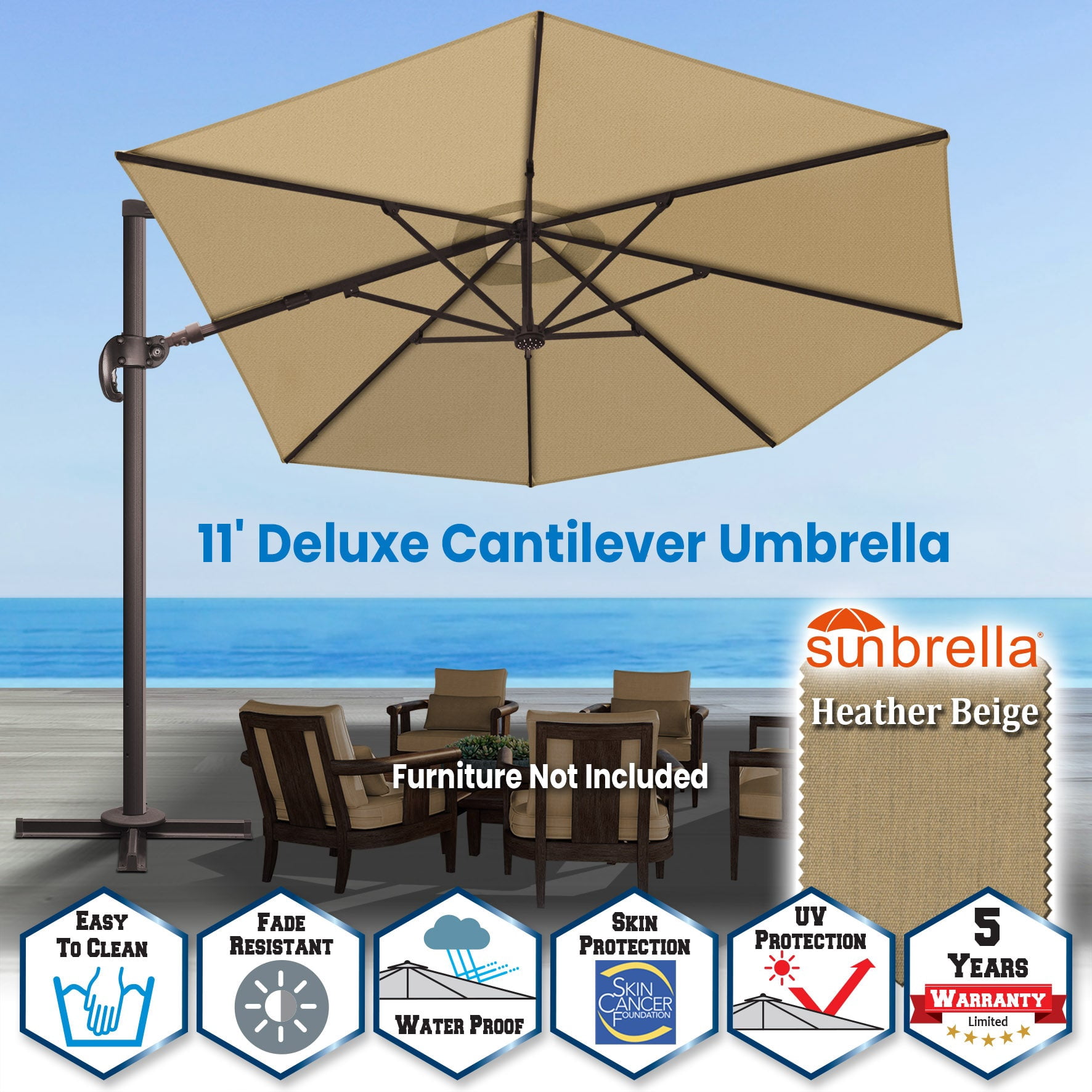 SUNRISEUMBRELLA 11' Deluxe Cantilever Umbrella LED Lighted Umbrella Sunbrella Cover Patio Umbrella Garden Outdoor (Heather Beige)