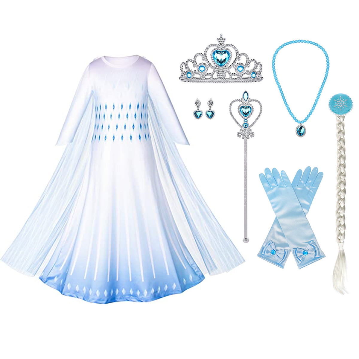 Girl Princess Snow Party Dress Queen White Costumes with Accessories 