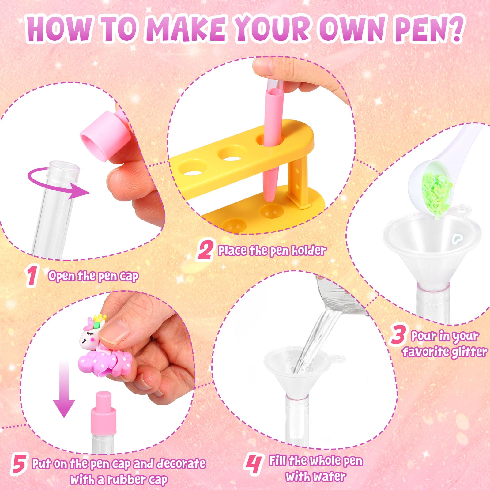 DIY Glitter Gel Pen Making Kit Creative Glitter Pen Craft Kit with 20 Replacement Refill 2 Funnel 2 Spoon for 5 to 12 Years Old Girl Boy Plastic Colorful