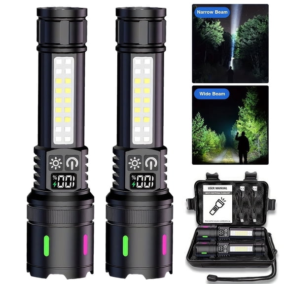 LITOM Rechargeable LED Flashlight 2 Pack, 2000lm & 3280ft Range, 7 Modes with COB Sidelight, 2000mAh 15H Runtime, IPX5 Waterproof, Type-C for Camping/Emergencies/Outdoor Activities