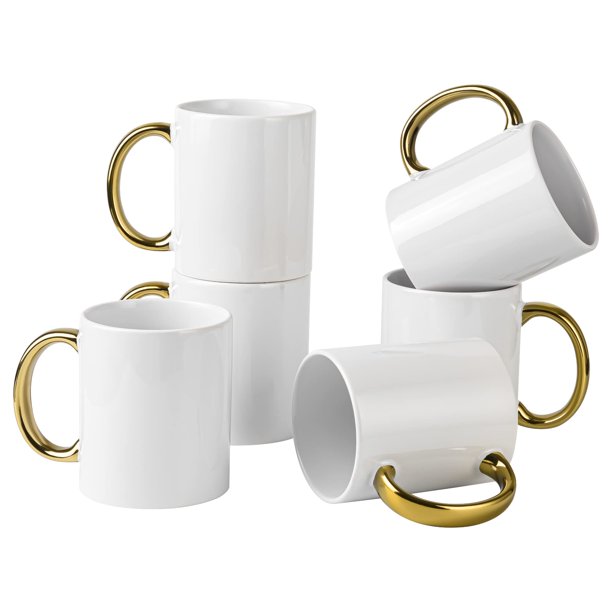 BYCNZB Juego de 6 tazas blancas de 12 oz, tazas en blanco para sublimación, tazas de cerámica recubiertas de bricolaje para café, té, latte, capuchino, cacao o regalos de bricolaje, blanco/dorado