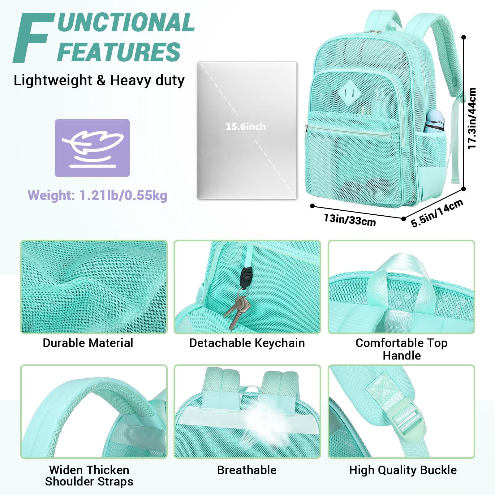 Soda Candy Mesh Backpack Heavy Duty See Through School Backpacks Transparent Bookbag Semi-Transparent Net Book Bags for Swimming, Beach, Sports, Work, Travel, Green