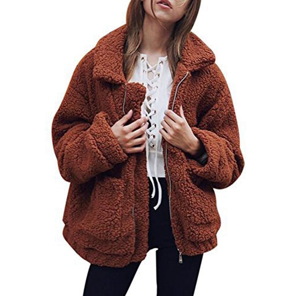POINTERTECK Women s Fashion Long Sleeve Lapel Zip Up Faux Shearling Shaggy Oversized Coat Jacket for Warm Winter Dark Brown Walmart