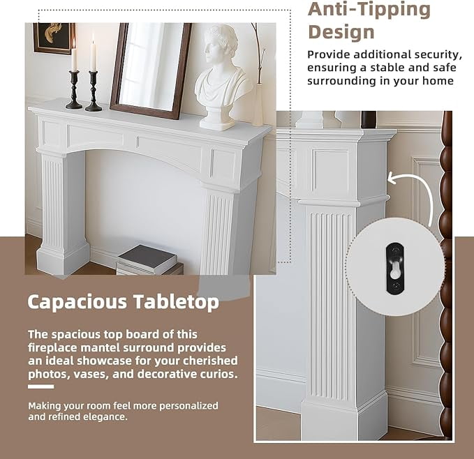 EPICOZY 43.3" Fireplace Mantel, Freestanding Fireplace Surround with Leg for Electric Fireplaces, MDF Mantel Surround with Shelf for Living Room with Decorative Pattern, Anti-Tipping & Waterproof