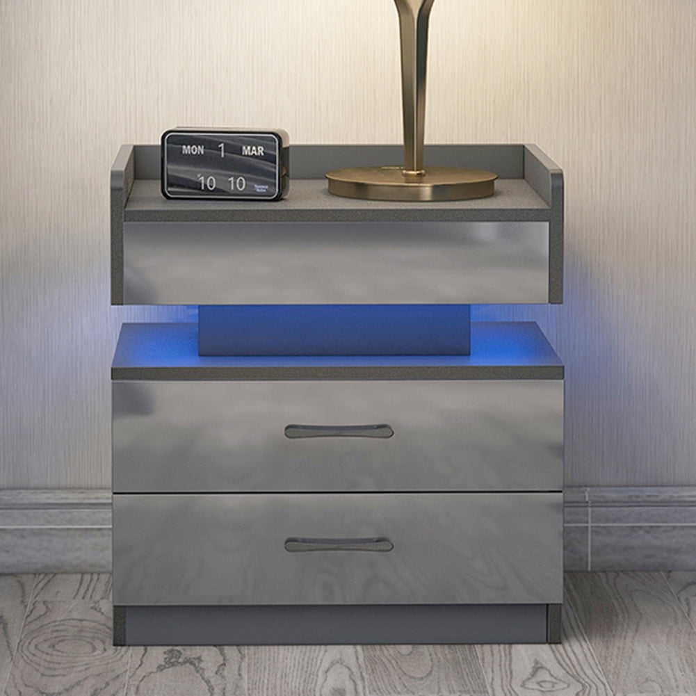 Kadyn LED Nightstand, Bedside Table with 2 Drawers and USB Charging Ports, Night Table with Wireless Charging and Remote Control LED Light, Gray