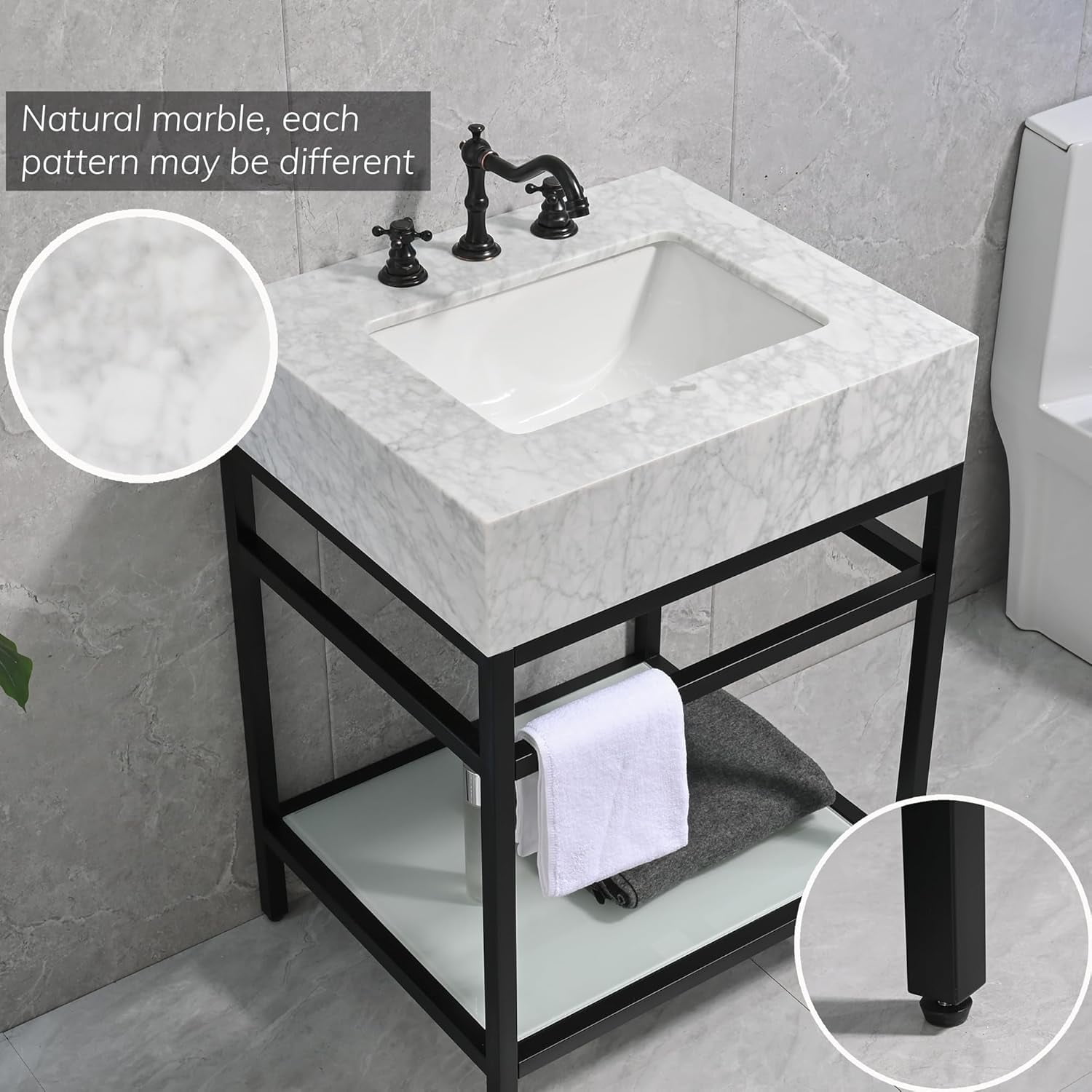 GGISHA24"x 21"Freestanding Bathroom Vanity with Sink,Carrara Marble,Black Frame,Tempered Glass Shelf
