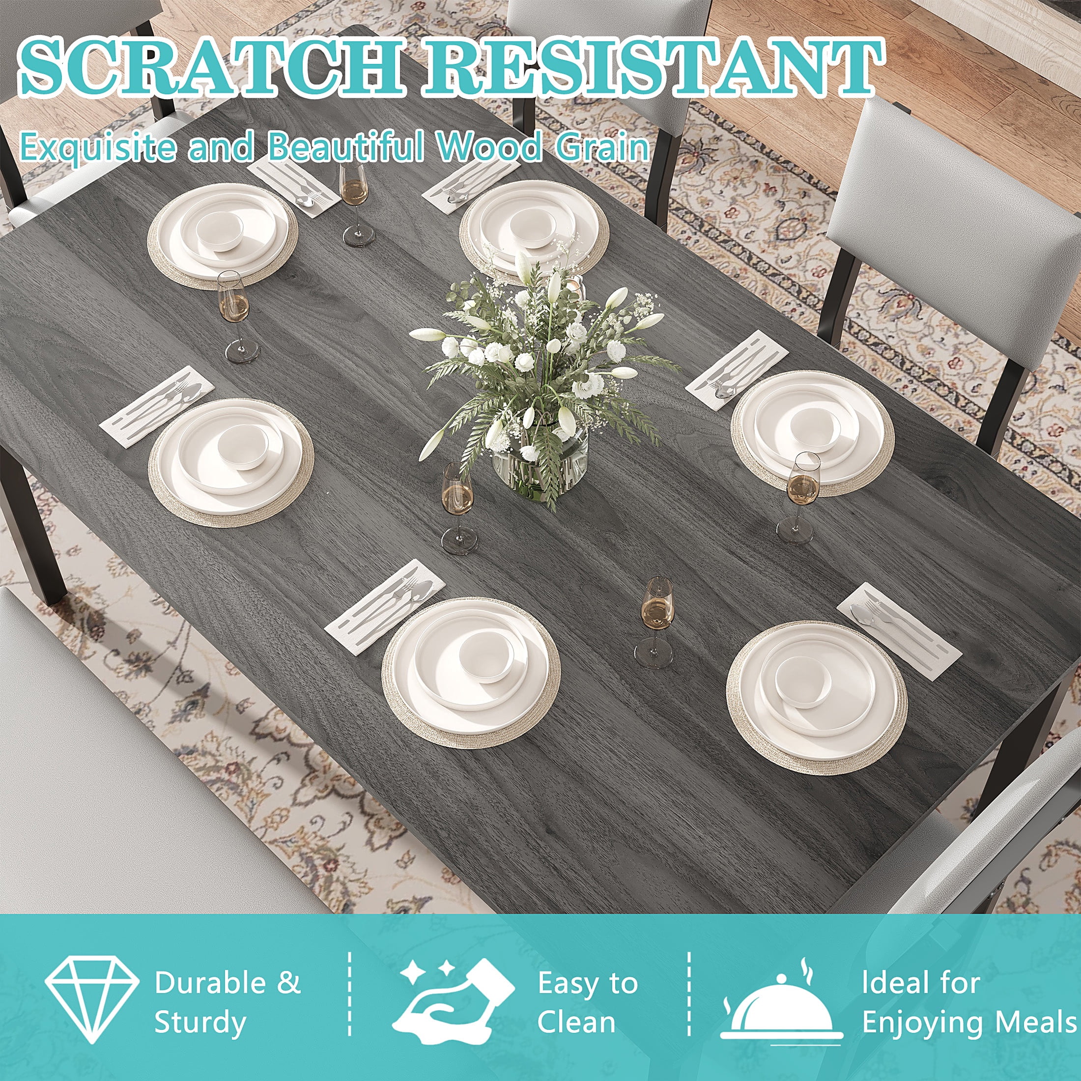 PORKISS Dining Table Set for 6, 6-Piece Dining Room Set with Wooden Table Top, PU Leather Upholstery Chairs and Bench, Kitchen Table and Chairs Set with Metal Frame Storage, Dinette Sets, Gray+Black