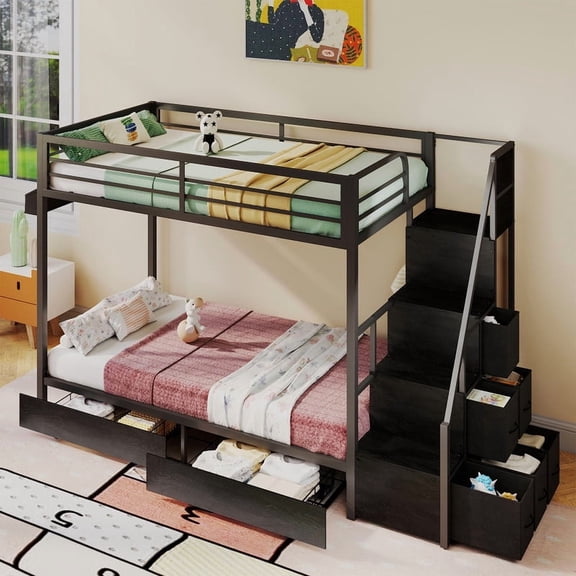 Bellemave Bunk Bed Twin Over Twin with Stairs, 8 Storage Drawers,Metal Bunk Bed with Wardrobe and Bookcase, Full-Length Guardrail, Space-Saving Black Bed for Dorm, Bedroom, Apartment