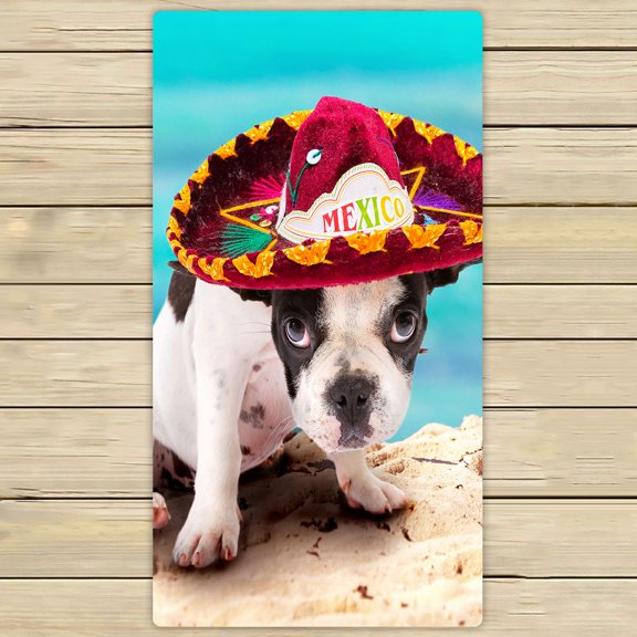 PHFZK Animal Towel, French Bulldog Puppy in Mexican Sombrero on the Beach Hand Towel Bath Bathroom Shower Towels Beach Towel 30x56 inches
