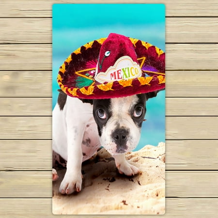 French Beach Towel - PHFZK Animal Towel, French Bulldog Puppy in Mexican Sombrero on the Beach Hand Towel Bath Bathroom Shower Towels Beach Towel 30x56 inches