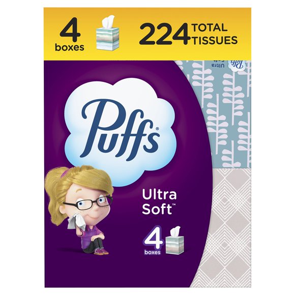 Facial Tissue Puffs Ultra Soft, 4 cubos, 56 pañuelos por caja