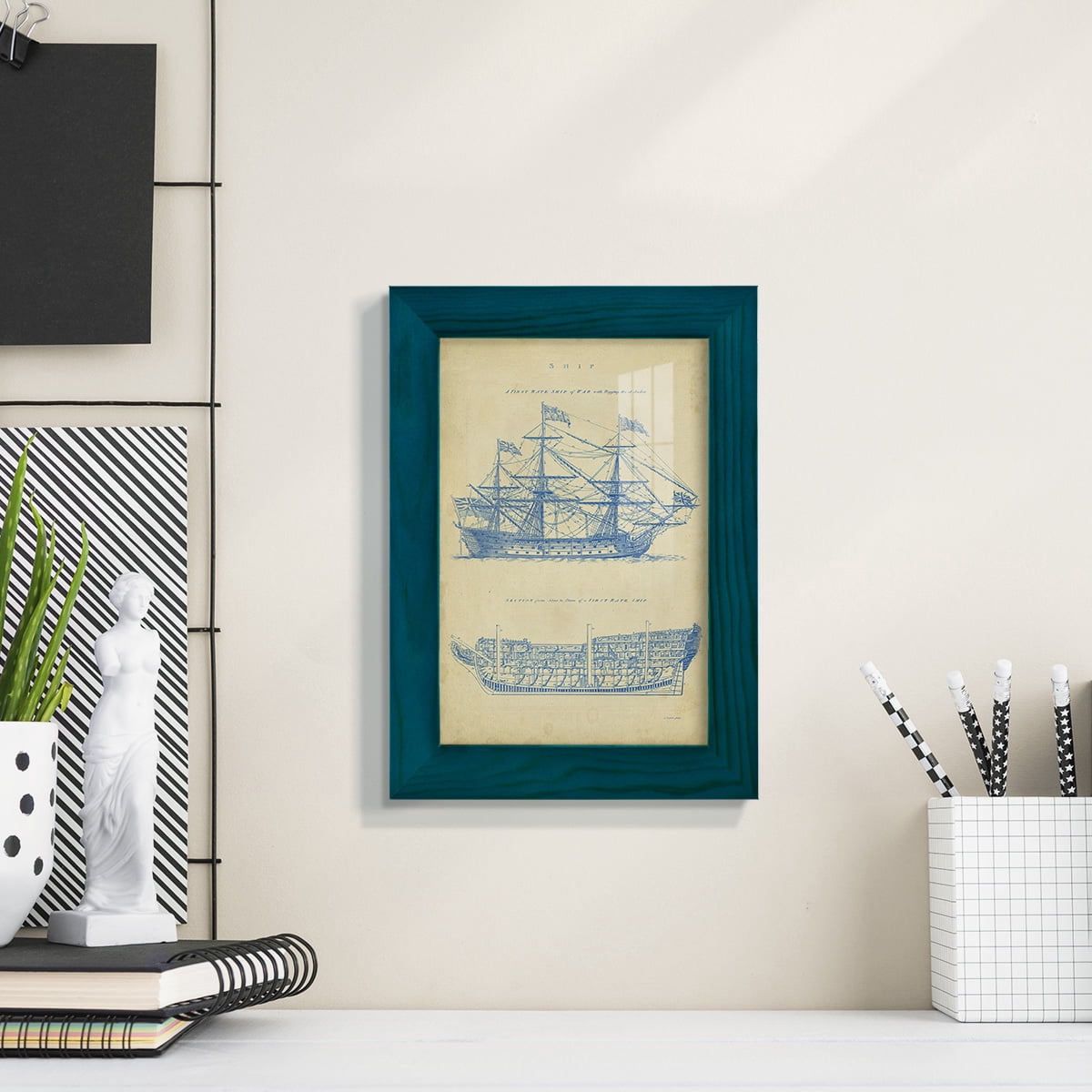 Vintage Ship Blueprint -Framed Print w/glass-Ocean Blue