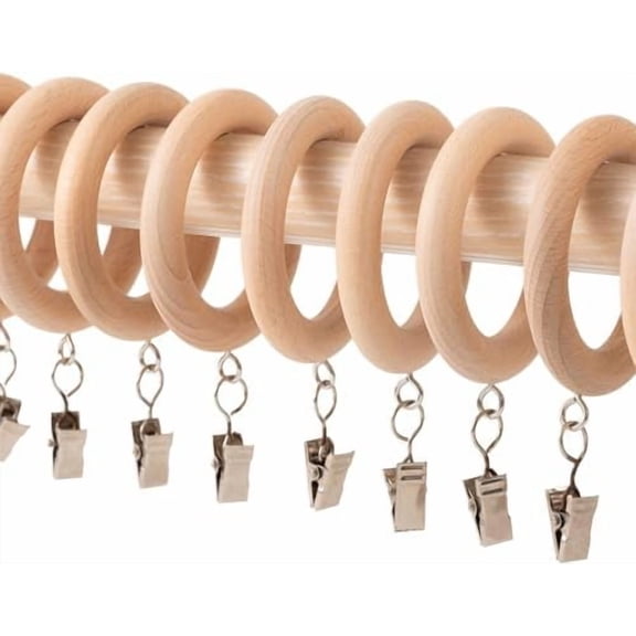 Wood Curtain Rings with Clips, Farmhouse Drapery Clips for 1.1-inch Curtain Rod Pole, Wooden Rings for Drapes (12-Pack, 1.42-inch Inner Diameter)