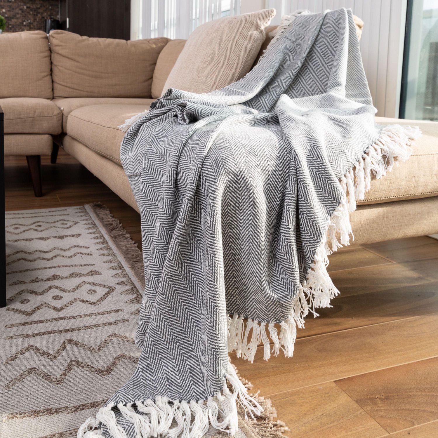 Fabstyles Herringbone Stripe Cotton Throw with Fringe, Lightweight Breathable Throw Blanket