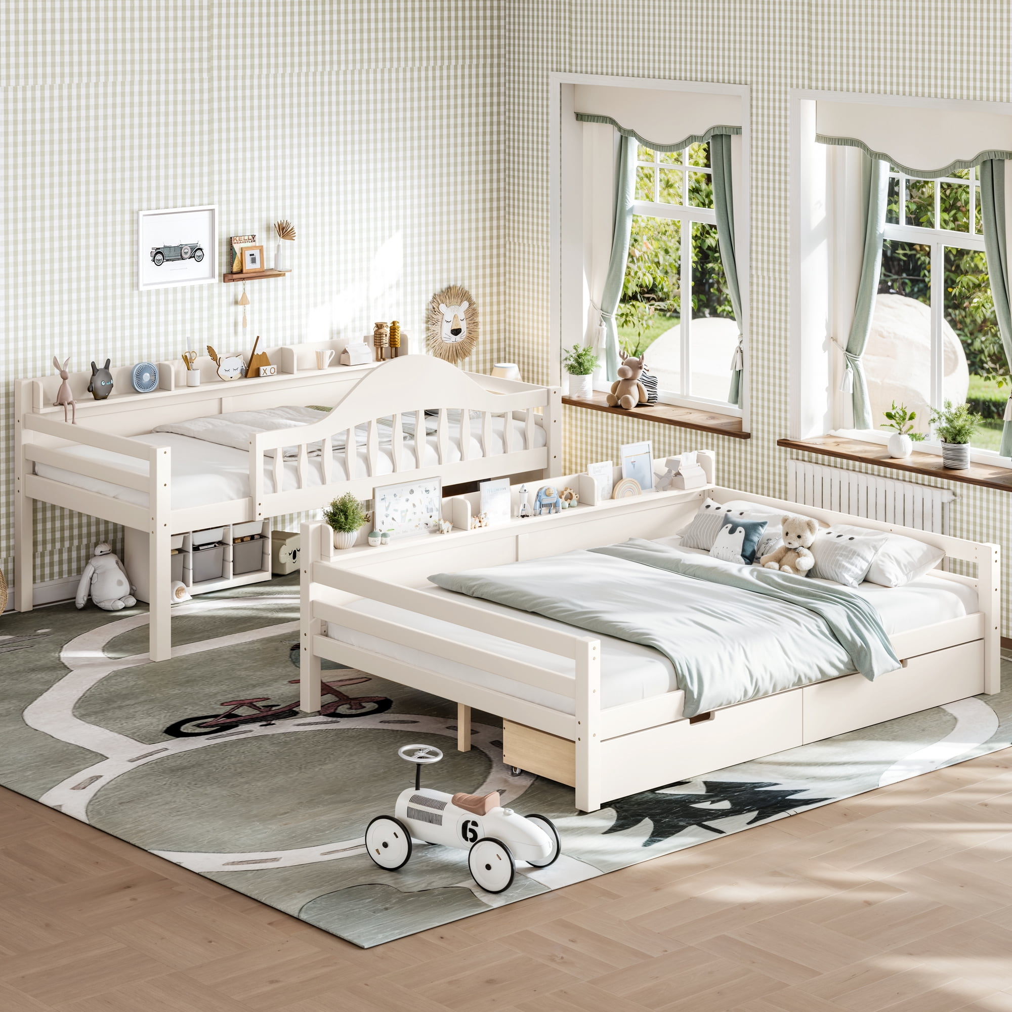 Leumius Twin over Full Bunk Bed with Storage Drawers, Chic Curved Guardrail & Side Storage Shelves, Bunk Bed Frame with Ladder Beige