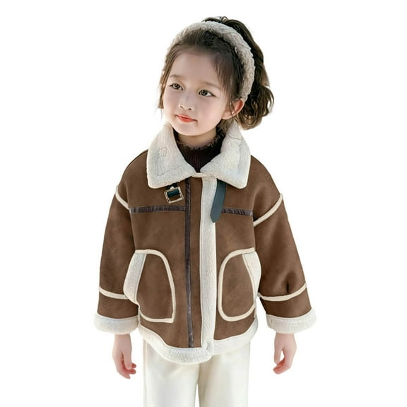 AINIYS Kids' Faux Suede Shearling Jacket with Lapel Collar Zipper Closure Pocketed Warm Stylish Coat for Winter Casual Daily Wear Coffee 3 Years