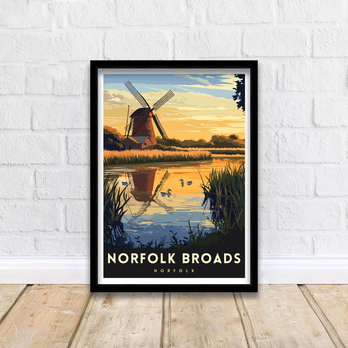 Norfolk Broads Travel Poster Wall Art UK Waterways Art Norfolk Broads Print Nature Lover Gift Boat Art River Landscape UK Countryside, Poster Only