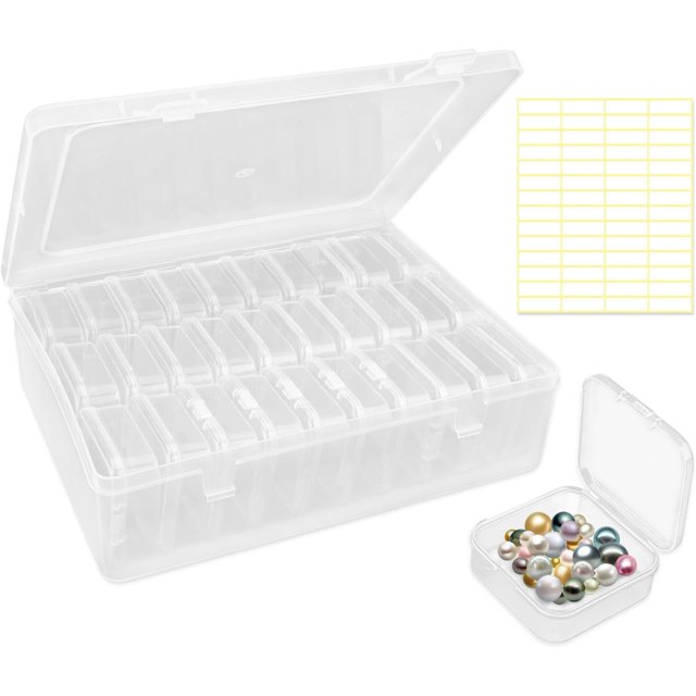 Small Bead Organizer Box, 30Pcs Mini Clear Bead Storage Containers, Small Plastic Boxes with Hinged Lids and Label Stickers, Plastic Case for Storage Parts Craft Jewelry Diamond (White)