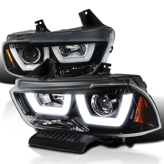 Spec-D Tuning Jet Black Dual LED Tube Projector Headlights Compatible with 2011-2014 Dodge Charger, Left   Right Pair Headlamps Assembly