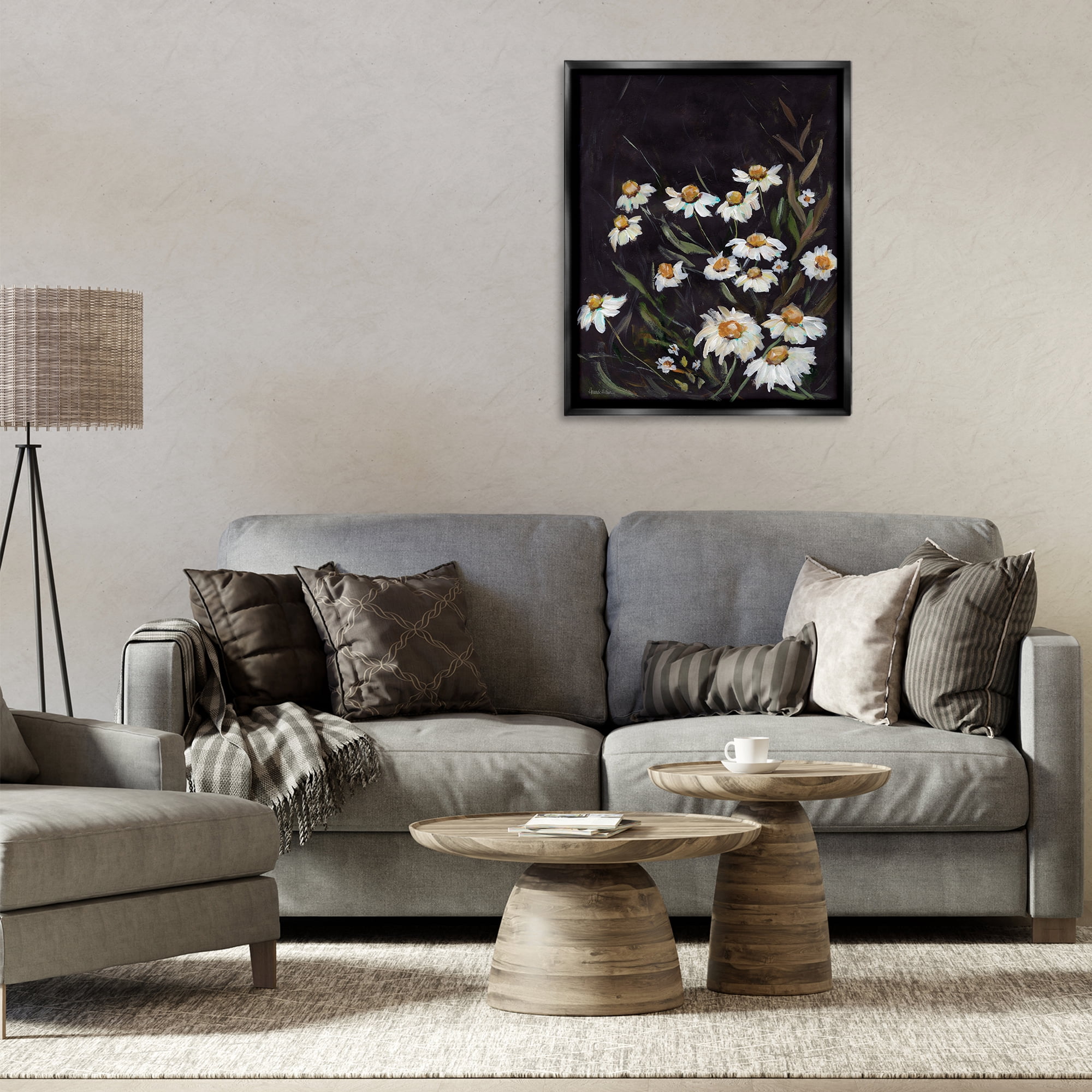 Stupell Industries Daisies on Black Botanical & Floral Painting Black Floater Framed Art Print Wall Art, 25 x 31