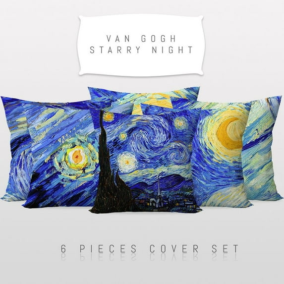 3S Brother'S World Classic Art Masterpiece Series Set Of 6 Hidden Zipper Cushion Covers Vincent Van Gogh Self Starry Night - 12" to 30" Sizes Art Home Décor Printed On Both Sides Each Size (16"Wx16"L)