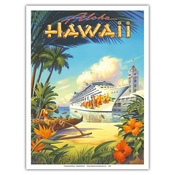 Pride of Hawaii Cruise Ship - Aloha Towers Honolulu Harbor - Vintage Hawaiian Travel Poster by Kerne Erickson - Master Art Print (Unframed) 9in x 12in